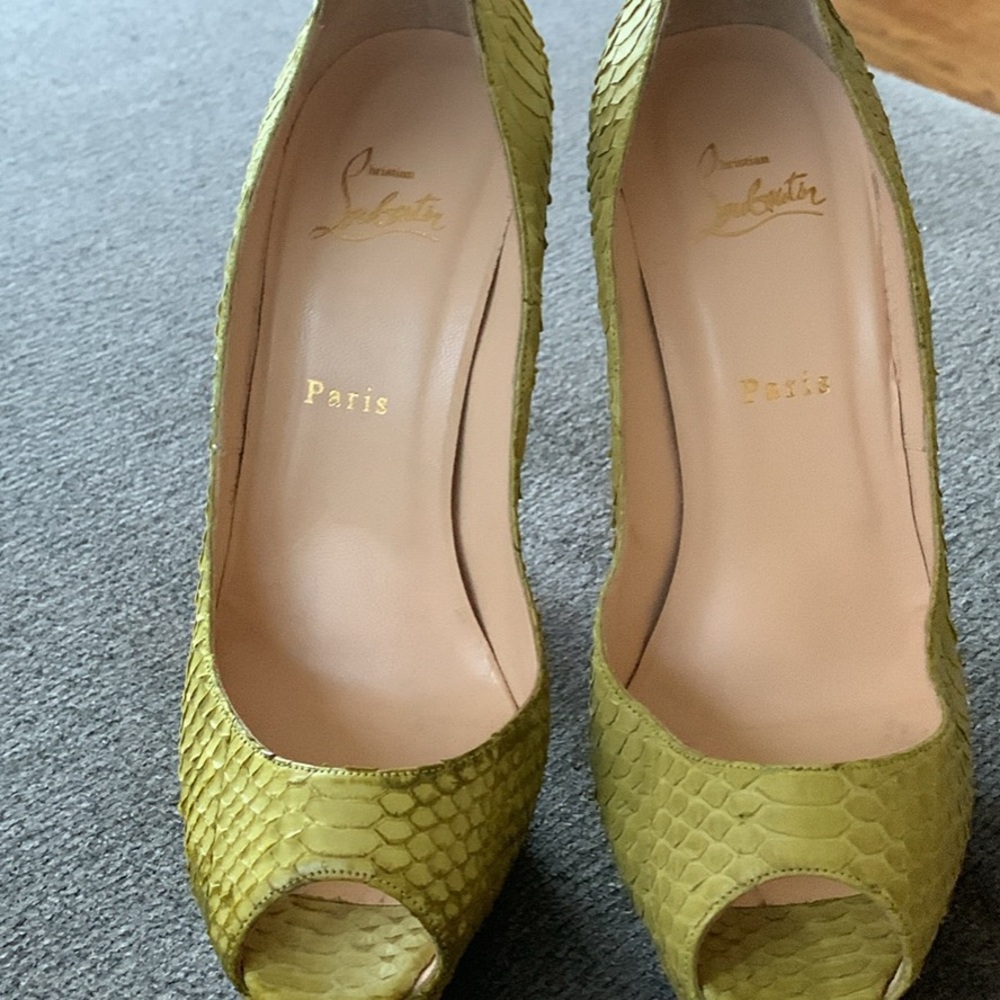 Christian Louboutin Olive Snakeskin Peep-Toe Pumps